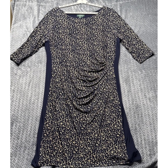 Lauren‎ Ralph Lauren 22W Navy Gold Ruched Dress 3/4 Sleeve Stretch Sheath Plus - Picture 1 of 10